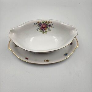 Vintage Dresdenia by Sango Floral with Golden Trim Gravy Boat‎ attached Plate
